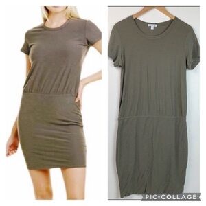 James Perse olive blouson T shirt mini dress shirred pencil skirt silhouette EUC
